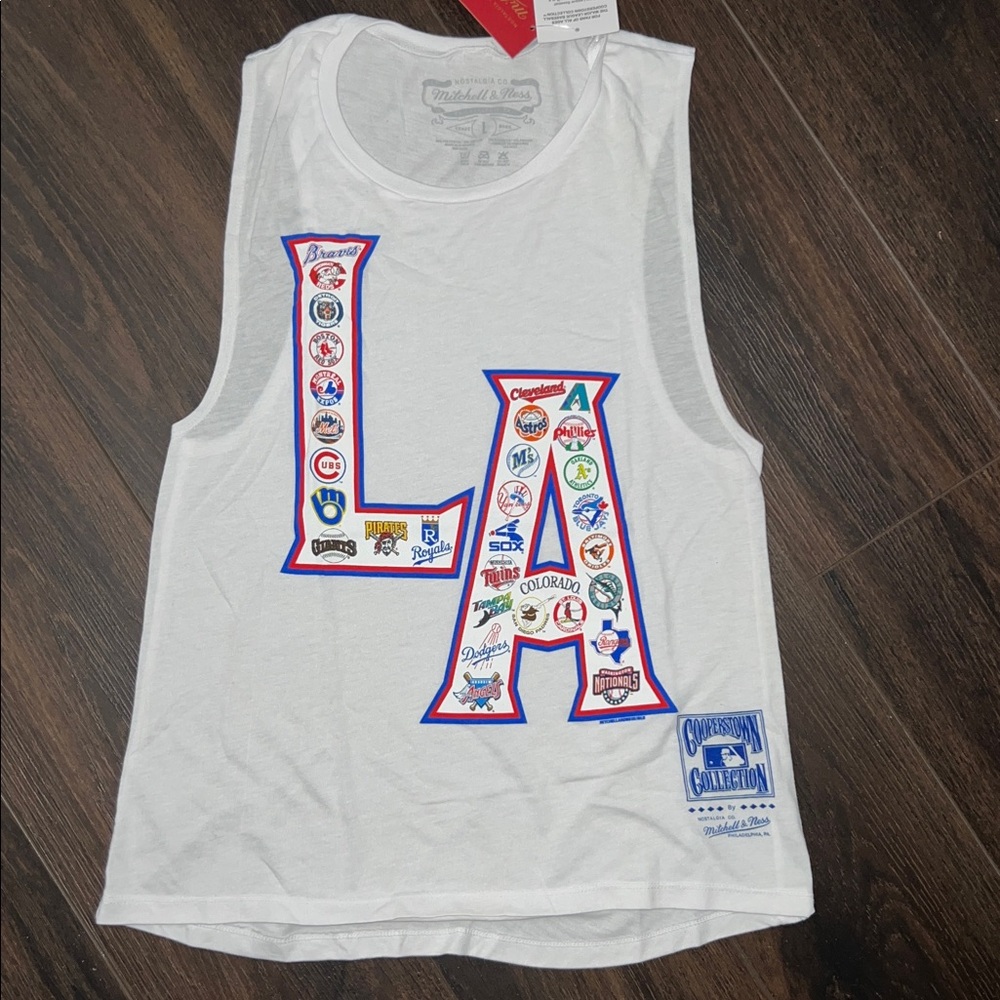 Mitchell & Ness Women’s MLB LA All Over Print Tank Top, White Multi